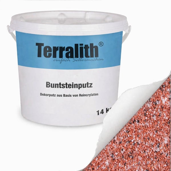 Terralith Buntsteinputz 14 Kilogramm, Dekorputz auf Basis von Reinacrylaten mit Detailansicht der körnigen Struktur.