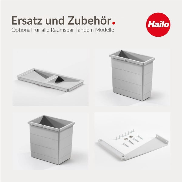 Ersatzteile und Zubehör für Hailo Raumspar Tandem Abfalltrennsysteme, bestehend aus Deckel, Mülleimern und Montageset. Hailo Logo.