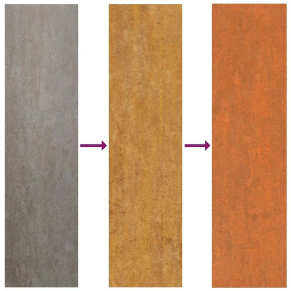 Darstellung des Oxidationsprozesses von Cortenstahl in drei Stufen von blank bis zur Rostpatina.