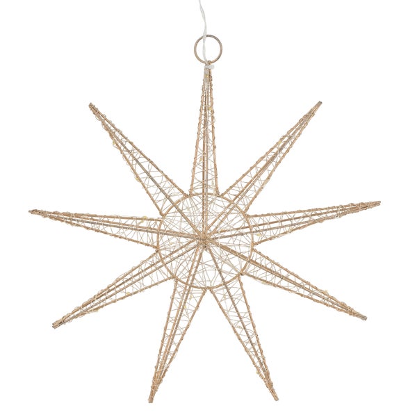 ECD Germany LED Deko Weihnachtsstern mit 30 warmweißen LEDs, 30cm, Gold, batteriebetrieben, Metall, Weihnachten Schneeflocke zum Aufhängen mit Beleuchtung & Timer, Innen, Weihnachtsdeko Fensterdeko