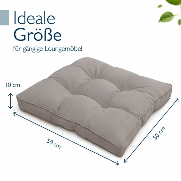 Quadratisches Loungekissen mit den Maßen 50 mal 50 mal 10 Zentimeter für Gartenmöbel.