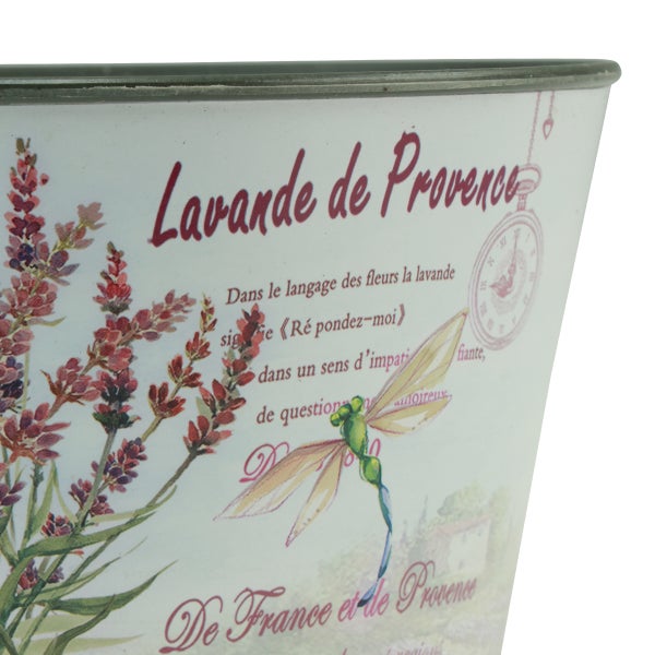 Metall-Pflanzschale mit Lavendel-Motiv, Schriftzug Lavande de Provence und Libellen.