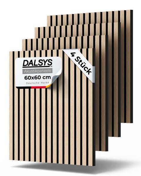 DALSYS Akustikpaneele aus Holzlamellen, 60 mal 60 Zentimeter, 4 Stück.