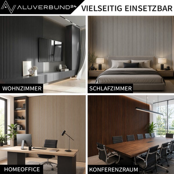 Lamellenpaneele von Aluverbund 24 zur Wandgestaltung in Wohnzimmer, Schlafzimmer, Homeoffice und Konferenzraum