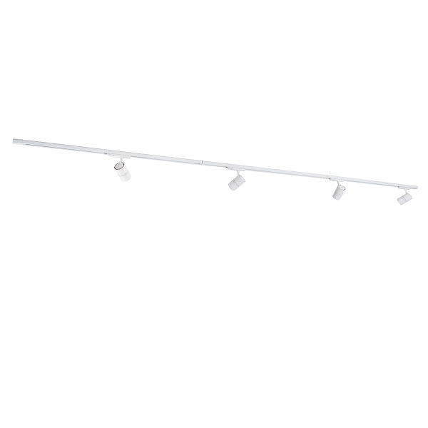 Weißes Schienensystem mit vier verstellbaren Strahlern aus Metall und Kunststoff.