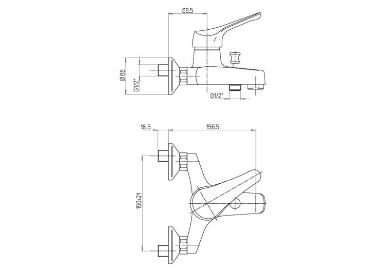 Technische Zeichnung einer Armatur mit Maßangaben