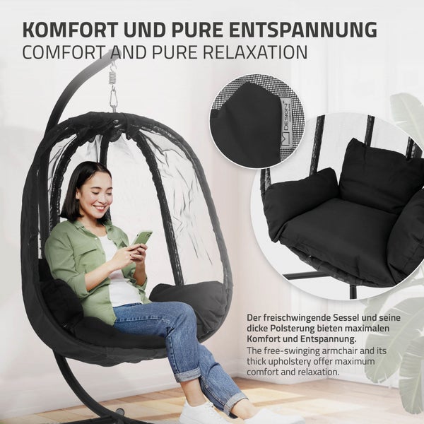 ML-Design Hängesessel mit Gestell und Sitzkissen, Schwarz, H177 cm, X-förmige Basis, Indoor & Outdoor, Hängesesselgestell mit Hängestuhl, Hängekorb Gestell aus Stahl, Hängeschaukel für Garten & Balkon