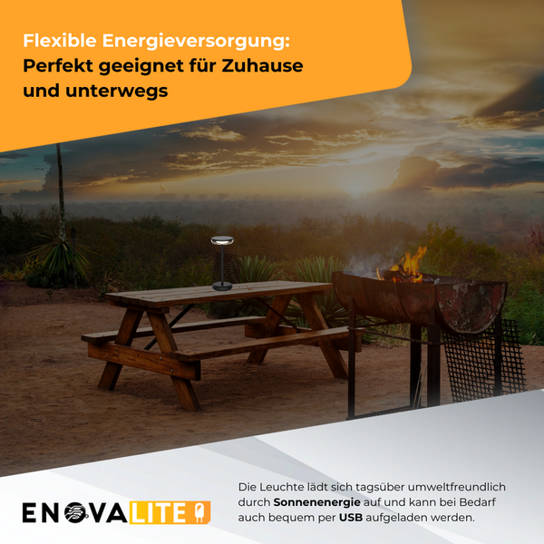 Szene mit einer Tischleuchte auf einem Picknicktisch neben einem Grill im Freien bei Sonnenuntergang