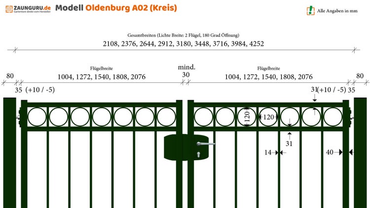 Technische Zeichnung des Modells Oldenburg A02 von Zaunguru mit Maßangaben