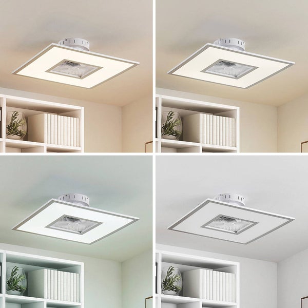 Quadratische LED-Deckenleuchte mit integriertem Ventilator, dargestellt in vier verschiedenen Farbtemperaturen von warmweiß bis tageslichtweiß.