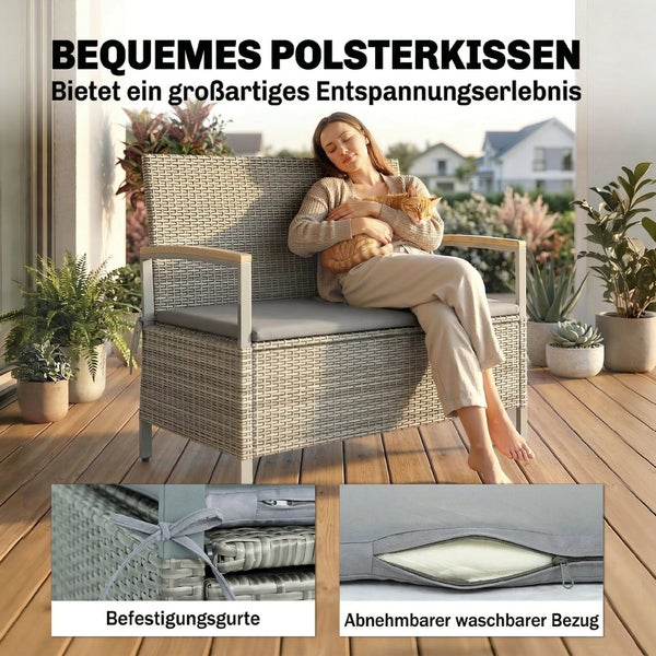 Gartenbank aus Polyrattan mit bequemem Sitzkissen, Befestigungsgurten und abnehmbarem, waschbarem Bezug.