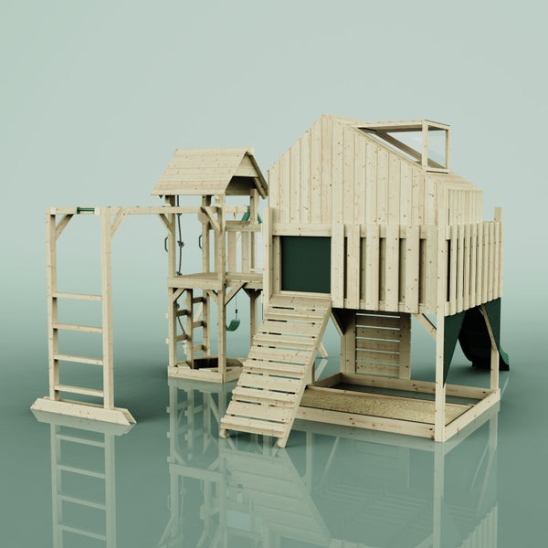 Holzspielhaus mit Rutsche, Schaukel und Klettergerüst für den Garten