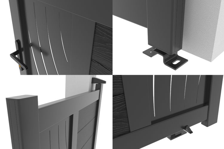 Gartentor mit moderner Designfüllung und Metallpfosten, Ansicht von Beschlägen, Bodenbefestigung und Riegelmechanismus.