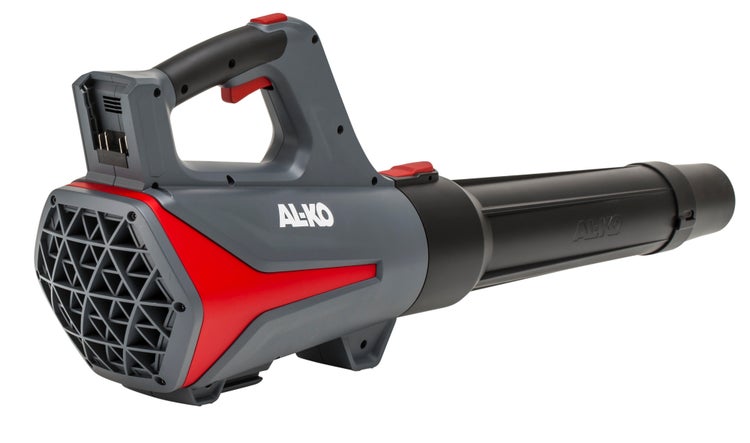 Akkumulator-Laubbläser von AL-KO in Grau und Rot mit schwarzem Blasrohr.