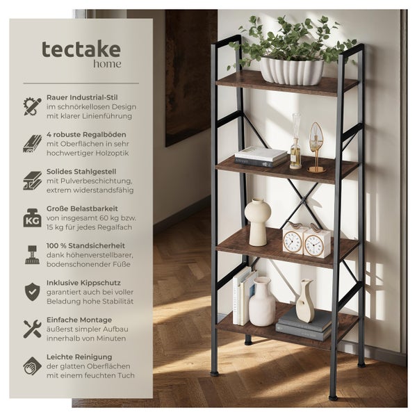 Leiterregal tectake Newcastle inklusive Kippschutz, 57,5 x 35,5 x 139 cm Industrial Style Industrial Holz dunkel, rustikal