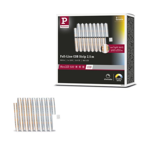 Paulmann Logo. Verpackung eines Full-Line COB Strips mit 2,5 Meter Länge, 900 Lumen, 1 x 10 Watt, 24 Volt Gleichstrom und 960 LEDs. Fünf Jahre Garantie. Dimmbar und tunable white.
