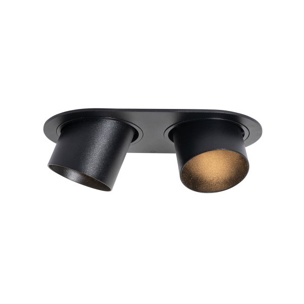 Schwarzer zweiflammiger Deckenstrahler mit verstellbaren zylindrischen Köpfen auf einer ovalen Montageplatte.