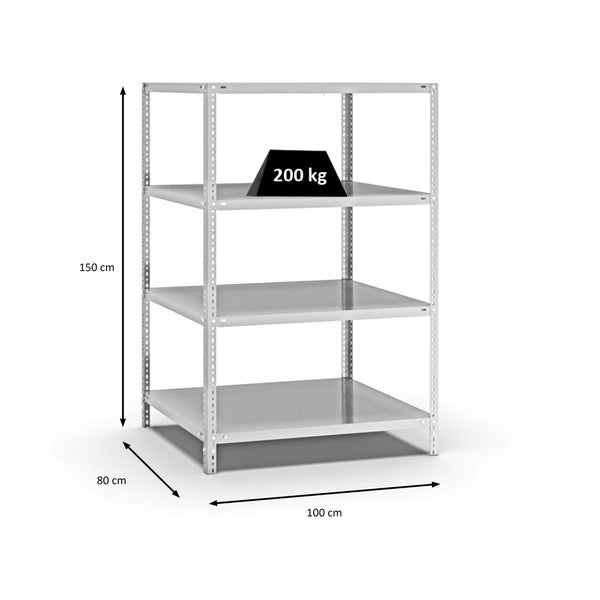 PROREGAL Fachbodenregal Schraubsystem Medium-Duty Grundregal HxBxT 150 x 100 x 80 cm 4 Ebenen Fachlast 200 kg Beidseitig Nutzbar Lichtgrau
