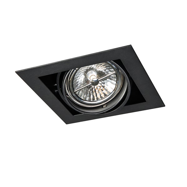 Schwarzer quadratischer Einbaustrahler mit schwenkbarem Leuchtmittel.