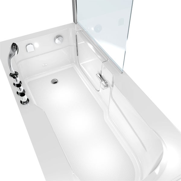 4-Loch Wannenrandarmatur aus Chrom mit drei Drehgriffen und einer Handbrause montiert auf dem Wannenrand.