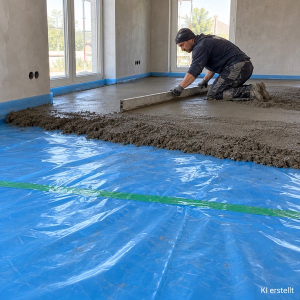 Handwerker beim Abziehen von Estrich auf einer verlegten Baufolie in einem Rohbau
