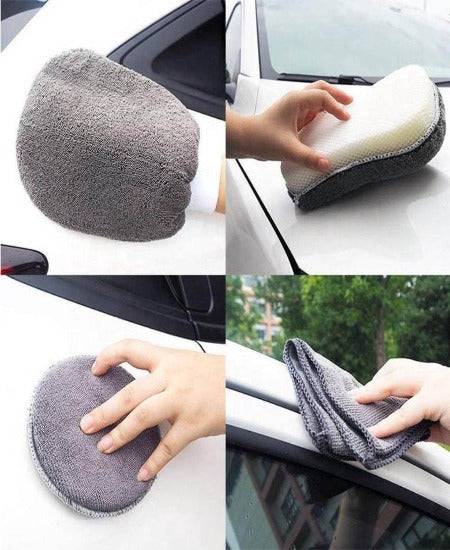 Vier Bilder von Autopflegeprodukten im Einsatz: Waschhandschuh, Schwamm und Mikrofasertuch