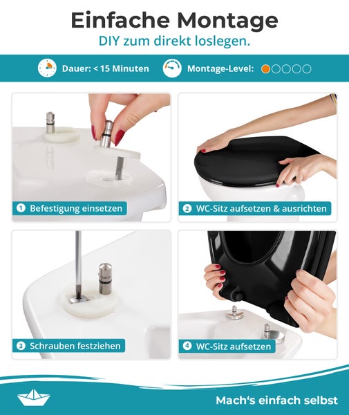 Calmwaters® WC Sitz einfache Montage, Premium Toilettendeckel bis 250 kg, Made in EU, antibakterieller Duroplast, doppelte Absenkautomatik, 2 Montage Optionen, abnehmbar, Klobrille, oval, Schwarz
