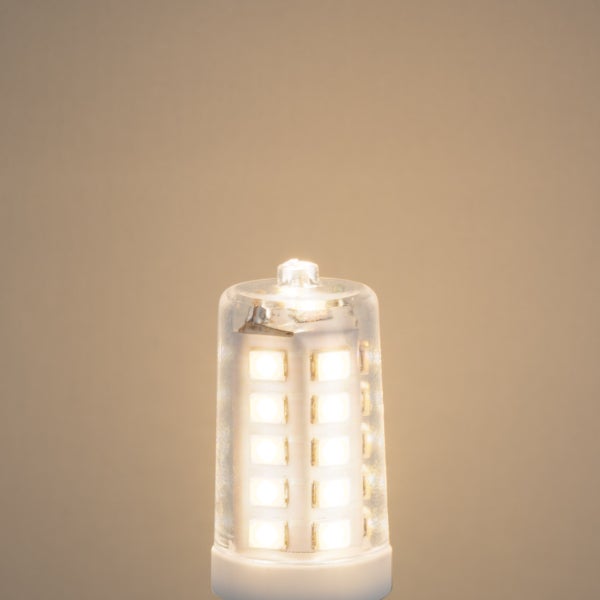 Leuchtendes LED-Leuchtmittel in Stiftsockelform mit sichtbaren Leuchtdioden unter einer transparenten Abdeckung.