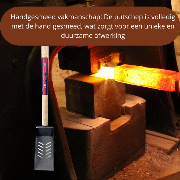 Putzschaufel aus Metall mit Holzgriff neben Schmiedepresse