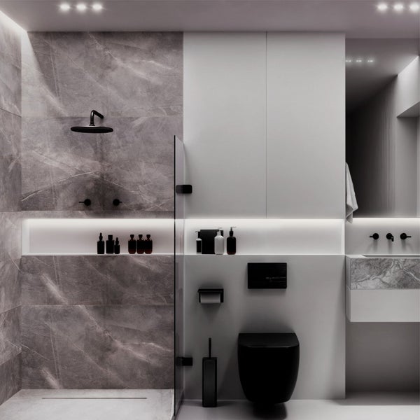 Modernes Badezimmer mit Dusche, Toilette und Waschtisch