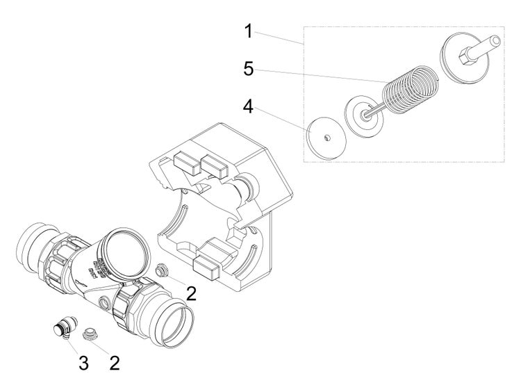 Explosionszeichnung einer Armatur mit Nennweite 50, Dämmung, Feder und Einzelteilen für die Wasserinstallation
