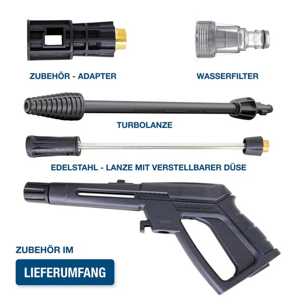 Zubehör im Lieferumfang für Hochdruckreiniger: Adapter, Wasserfilter, Turbolanze, Edelstahl-Lanze mit verstellbarer Düse und Spritzpistole.
