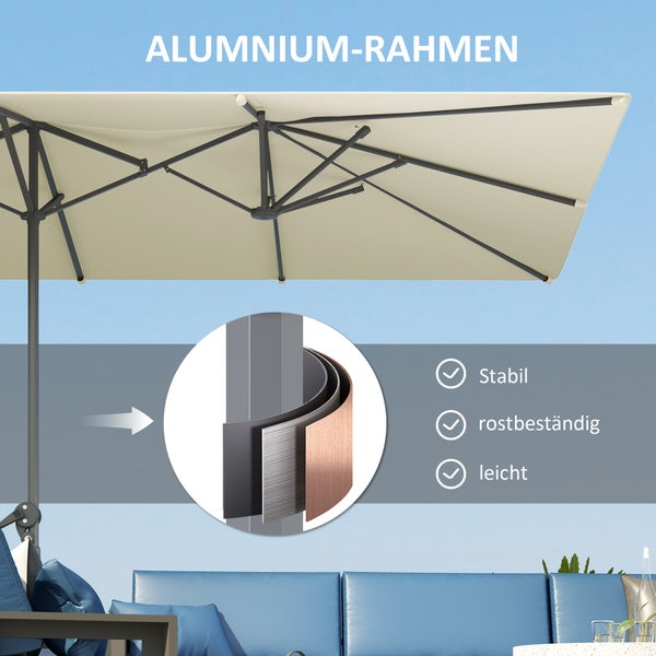 Outsunny Doppelsonnenschirm mit Kurbel 451 x 264 cm, UV Schutz 50+ Sonnenschirm, windfest Gartenschirm Balkonschirm Aluminium Marktschirm Sonnenschutz für Balkon Terrasse Garten Cremeweiß