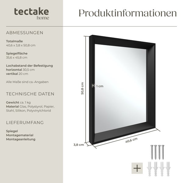 Rechteckiger Wandspiegel tectake Elina integrierte Befestigungshaken 40,6 x 3,8 x 50,8 cm schwarz