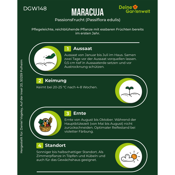 Pfleganleitung für Maracuja Passiflora edulis mit Infos zu Aussaat, Keimung, Ernte und Standort. Deine Gartenwelt Logo.