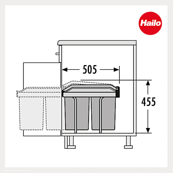 Maßzeichnung eines Hailo Abfalltrennsystems im Unterschrank mit einer Tiefe von 505 Millimetern und einer Höhe von 455 Millimetern. Hailo Logo.