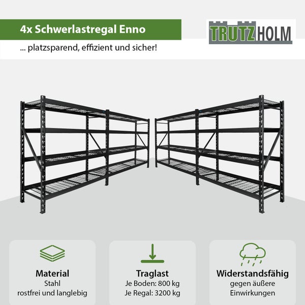 Vier Schwerlastregale aus Stahl für hohe Belastungen