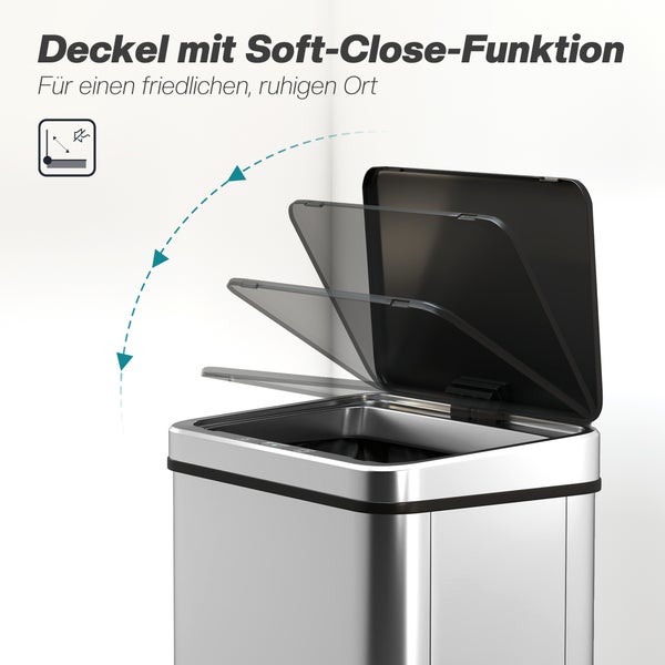 Edelstahl-Abfalleimer mit Deckel inklusive Soft-Close-Funktion für leises und sanftes Schließen.
