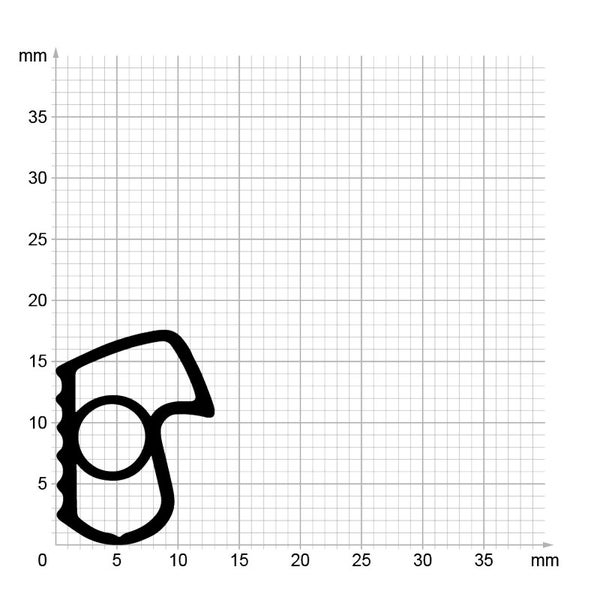Querschnittsprofil einer Gummidichtung auf Millimeterpapier zur Veranschaulichung der Maße