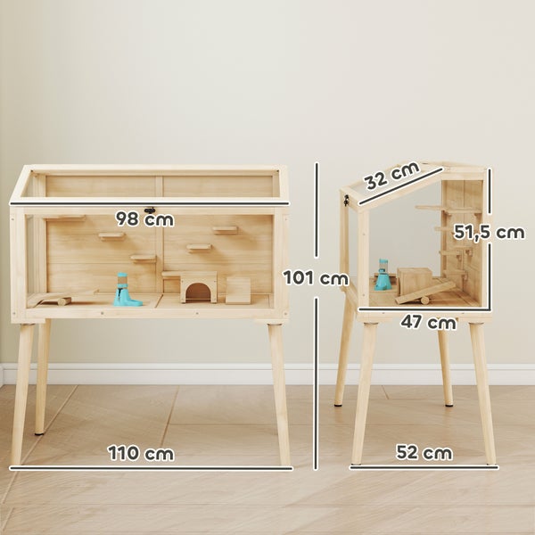 Nagerheim aus Holz auf Beinen mit Glasfront und Inneneinrichtung, Breite 110 Zentimeter, Höhe 101 Zentimeter, Tiefe 52 Zentimeter.