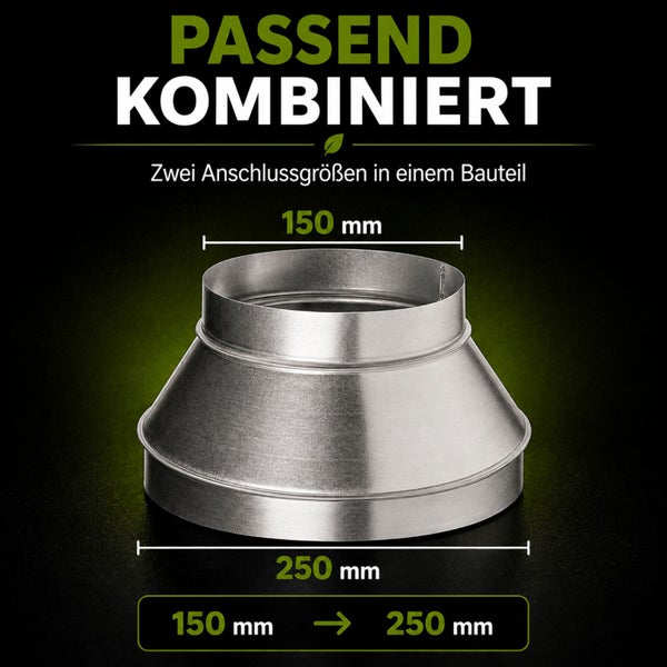 Metall-Reduzierstück für Lüftungsrohre, Übergang von 150 Millimeter auf 250 Millimeter.