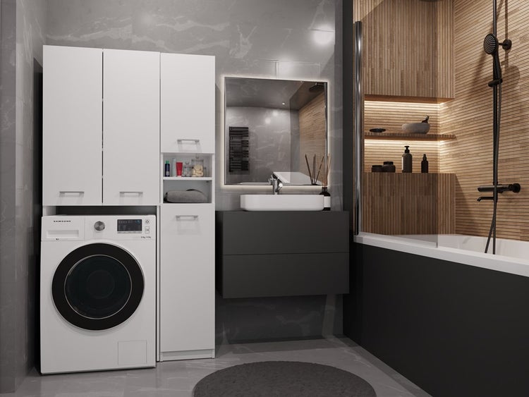 Modernes Badezimmer mit Waschmaschine, Waschbeckenunterschrank und Spiegelschrank