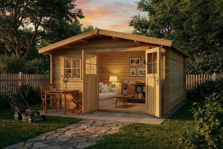 Holzgartenhaus mit geöffneten Doppeltüren, Rasenmäher und Gartenmöbeln