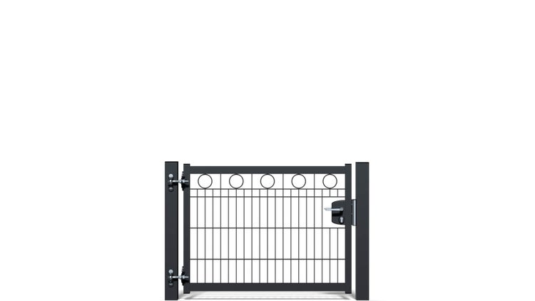 Zauntür ZAUNGURU BASIC-Linie Berlin Kreis aus Metall, Höhe: 83cm, Breite: 123cm, 1-flügelig inkl. Pfosten, Schloss und Zubehör, Feuerverzinkt und zusätzlich in RAL 7016 Anthrazitgrau pulverbeschichtet
