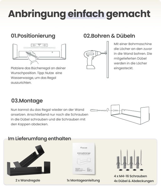 UNITURE® - 2er Set - Wandregal schwarz - Moderne Regal Wand Design - 2x42 cm Bücherregal schwebend, Bilderleiste schwarz - Wandregal, Regal schwarz, Regalbrett schwarz, wandregal schwarz Metall