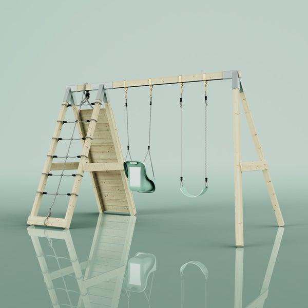 Schaukelgestell aus Holz mit Kletterleiter, Seilnetz, Kletterwand, Babyschaukel und flexiblem Schaukelsitz.