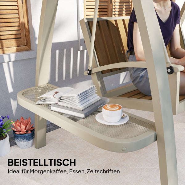 Outsunny Hollywoodschaukel 2-Sitzer Gartenschaukel mit verstellbarem Sonnendach, Seitentisch, Schaukelbank belastbar bis 240kg, für Garten, Terrasse, 200 x 120 x 190cm, Beige