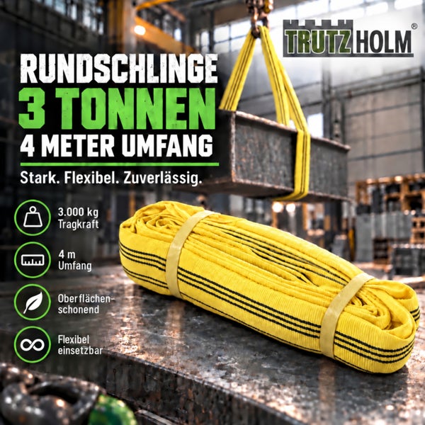 Trutz Holm Rundschlinge mit 3000 Kilogramm Tragkraft und 4 Meter Umfang für Hebearbeiten in einer Werkstattumgebung.