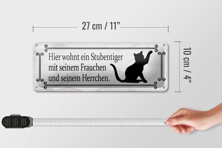 Blechschild Spruch 27x10cm Katze hier wohnt ein Stubentiger Dekoration