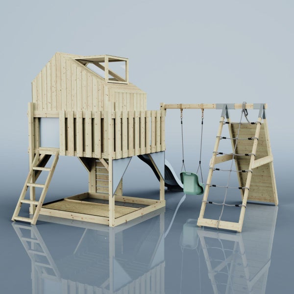 Spielplatz mit Spielhaus, Rutsche, Schaukel und Kletternetz